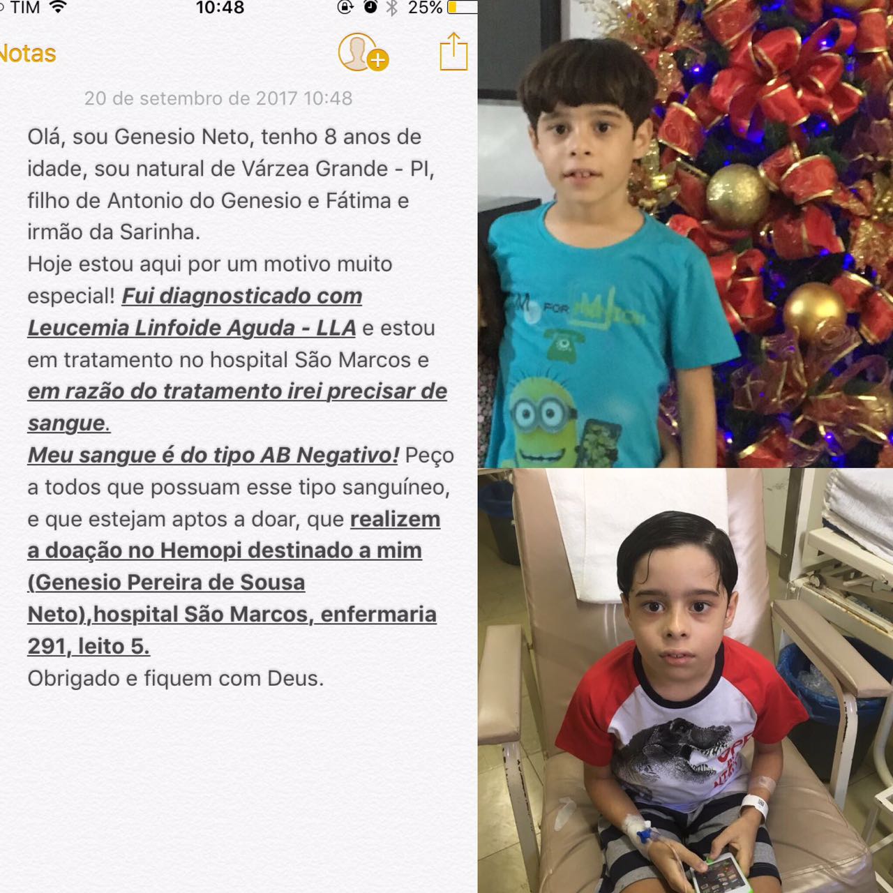 O garoto Genésio Neto está realizando um tratamento austero no Hospital São Marcos
