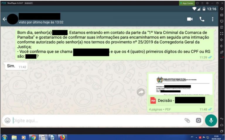 print da primeira intimação por whatsapp feita no Piauí